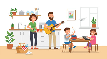 Fototapeta premium A happy family of four spends quality time in their kitchen, with the father playing guitar, mother cooking, and children playing toy instruments.