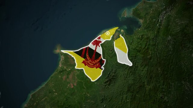 Brunei Country Map with National Flag Colors on Satellite Earth Background Animation.
Brunei Political Map Highlighted on Satellite Earth View.