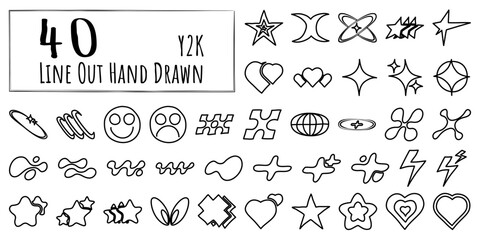 Y2K Abstract Line Icon Set – Retro Futuristic Doodle Symbols Collection © Acud