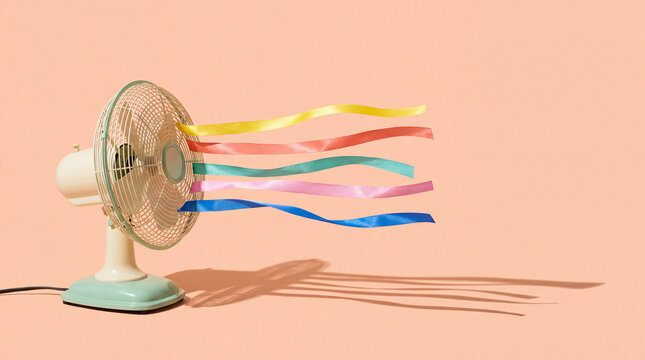 Vintage electric fan blowing colorful ribbons on peach background