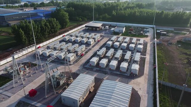 Aerial view of a large-scale energy storage power station with organized battery module arrays