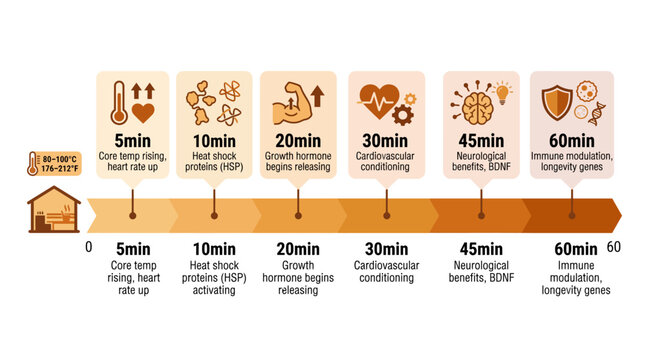 Sauna Session Physiological Timeline and Health Benefits Infographic