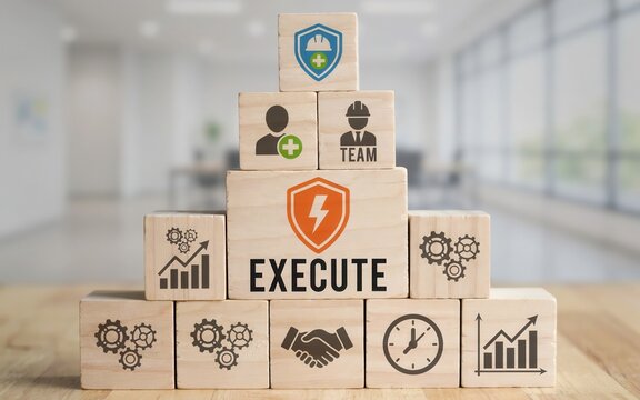Wooden blocks with business icons and the word execute