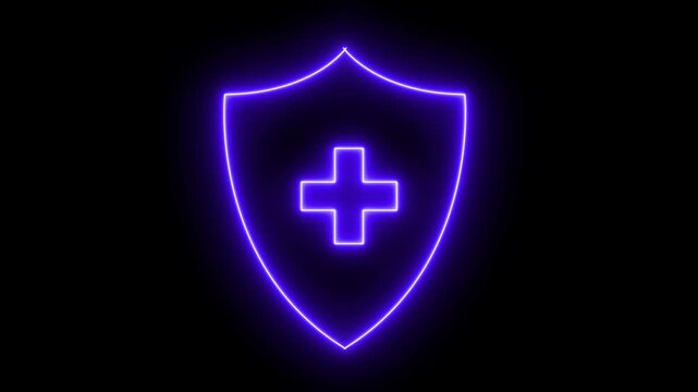 Glowing neon line shield with plus icon animation representing healthcare protection. Medical healthcare and emergency aid neon icon set.