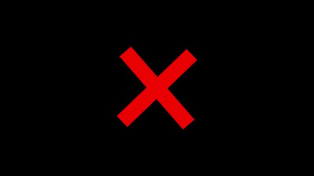 Red cross painted by wide brush,  X cross Mark, wrong Grunge check mark animation video with alpha channel. Red cross mark animation, 4k loop abl with alpha channel. wrong mark animation, red x symbol