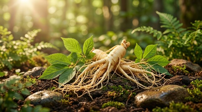 Detailed view of ginseng roots with green leaves in nature.