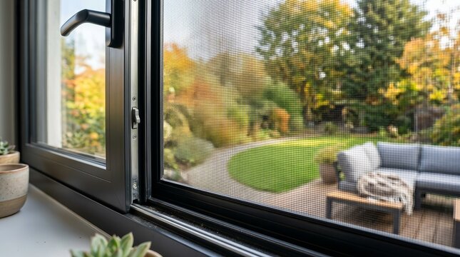Detail of a residential sliding window equipped with a mosquito net screen.