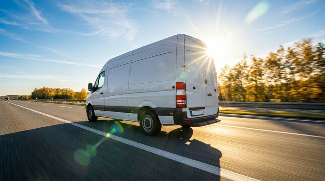 Express business logistics service with a cargo van moving on a highway under a sunny sky.