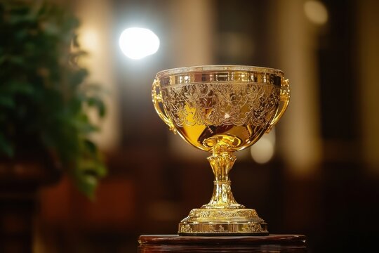 Gold trophy engraved cup shiny cup golden cup award cup decorative metal celebration prize victory symbol luxury object pedestal base