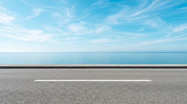 Coastal asphalt road with the sea and blue sky in the background.
