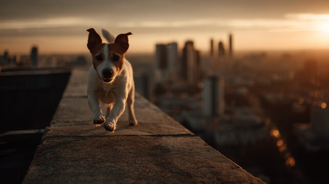 Jack Russell Terrier Running Along Rooftop Ledge at Golden Hour