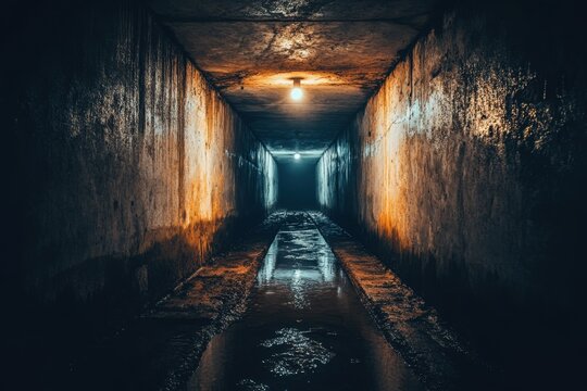 Underground sewage tunnel with concrete wall, wet floor, and dim light