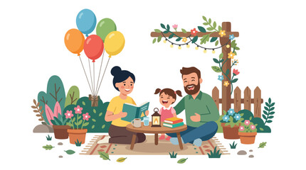 Fototapeta premium A smiling family of three enjoys a cozy outdoor picnic while reading books in a beautiful garden decorated with balloons and lights.