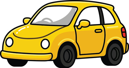 Naklejka premium Small yellow cartoon car illustrated with bold outlines and a simple flat design