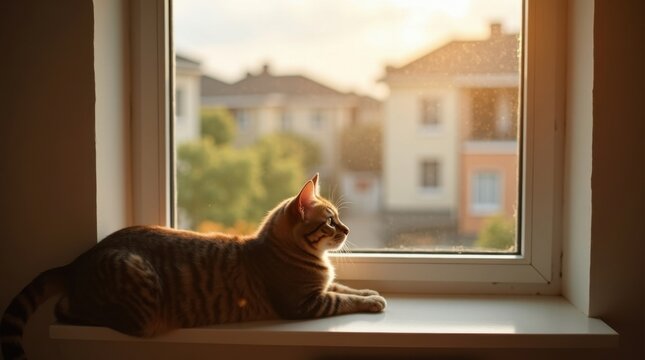 Un gato estir&aacute;ndose c&oacute;modamente en el alf&eacute;izar de una ventana ba&ntilde;ada por el sol, con vistas a un tranquilo barrio residencial