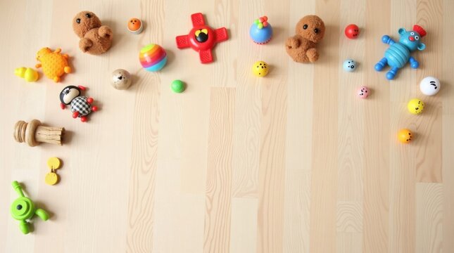 Colecci&oacute;n de juguetes modernos para mascotas esparcidos de forma natural sobre un suelo de madera 