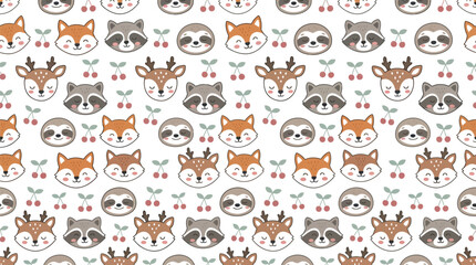 Obraz premium Cute seamless pattern featuring hand drawn woodland animal faces and small red cherry fruit illustrations