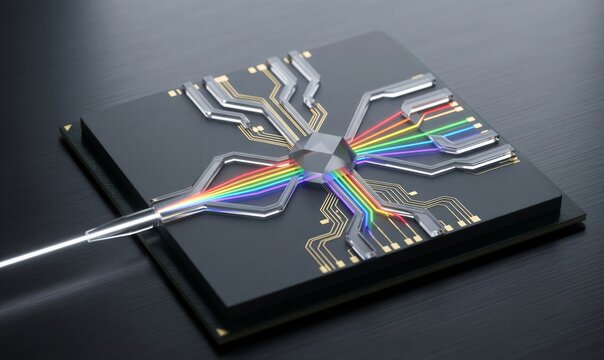 Photonic integrated circuit with a central micro-prism dispersing laser light into a rainbow spectrum.