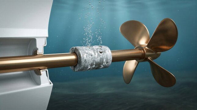 Underwater view of a marine sacrificial zinc anode protecting a bronze propeller shaft from galvanic corrosion with bubbles.