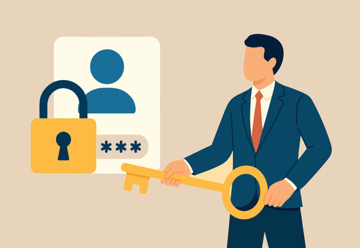 Strong password for cyber security, high protection and safety for login account, secure data privacy, online authentication concept, businessman hold key with user account lock with strong lock pad