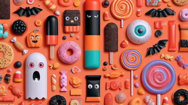 Halloween snack stash flat design top view eerie delight 3D render Split complementary color scheme.