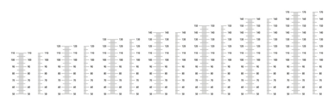 Wall growth 110 cm, 120 cm, 130 cm, 140 cm, 150 cm, 160 cm and 170 cm sticker isolated. Meter wall, growth ruler. Kids height chart from 50 cm to 170 centimeters.