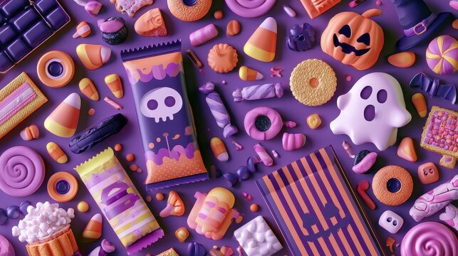 Halloween snack stash flat design top view eerie delight 3D render Split complementary color scheme.