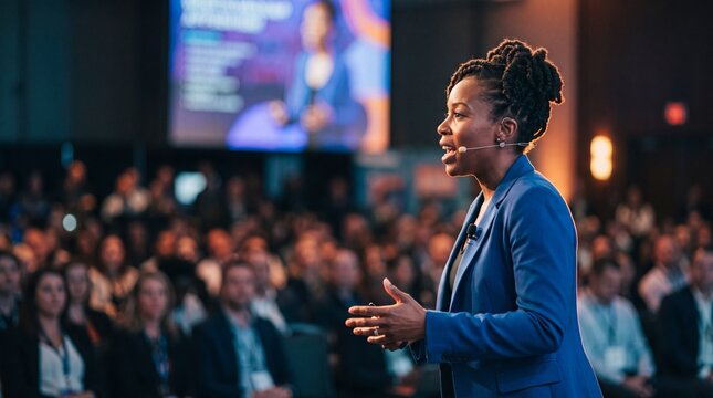 Charismatic female speaker delivering conference presentation to attentive audience, high energy professional tone and confident expression