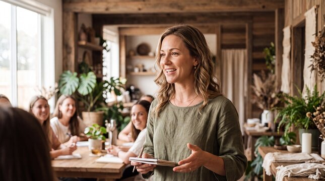 Confident woman leading small workshop in rustic studio, smiling and holding notebook while attendees listen and take notes, warm natural light and indoor plants create welcoming atmosphere
