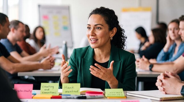 Artful close up view of woman leading team discussion with sticky notes and notebooks on table, engaged expression conveying collaboration and idea sharing