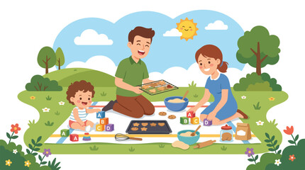 Naklejka premium A happy family is enjoying a picnic outdoors while baking cookies and playing with alphabet blocks on a sunny day in a beautiful park.