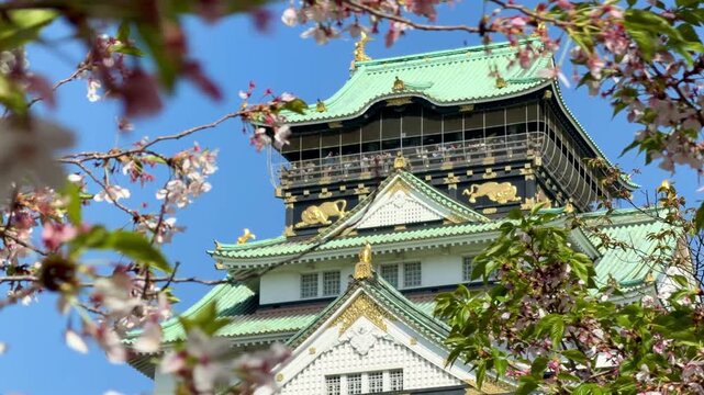 Historic Osaka Castle rises above its stone walls and moat beneath a clear blue sky in Osaka, Japan. A scenic travel destination framed by trees in early spring.