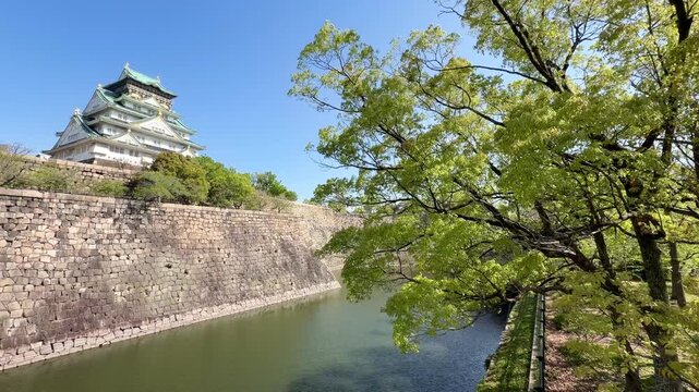 Historic Osaka Castle rises above its stone walls and moat beneath a clear blue sky in Osaka, Japan. A scenic travel destination framed by trees in early spring.