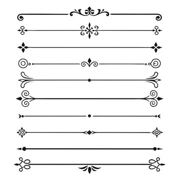 Elegant ornamental page dividers and decorative flourish design elements vintage border frames classic filigree embellishments with scrolls and pointed accents.