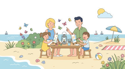 Naklejka premium A happy family of four is enjoying a creative day at the beach, sitting together at a wooden table and painting colorful pictures.