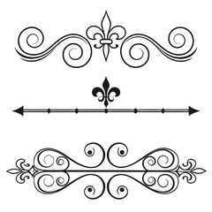 Set of three vintage decorative dividers or separators with fleur de lis motif and arrow elements for elegant graphic design and page borders. © Min