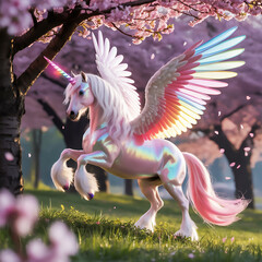 Fototapeta premium Photorealistic digital art of a majestic winged unicorn with rainbow wings standing in a blossoming spring garden