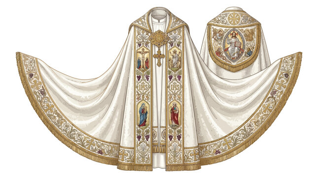 Ornate white and gold Christian priest chasuble and stole