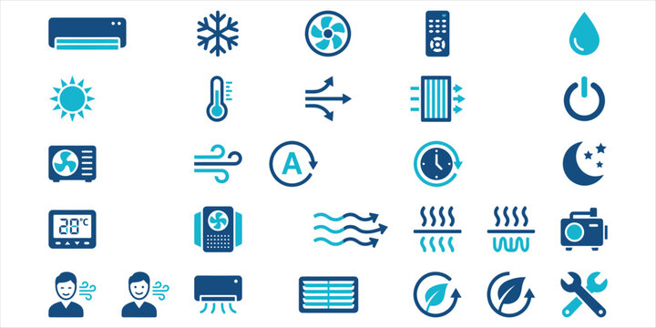 Air conditioning and heating system vector icons set including symbols for temperature control, ventilation, and energy efficiency in a modern graphic design style with blue and teal colors.