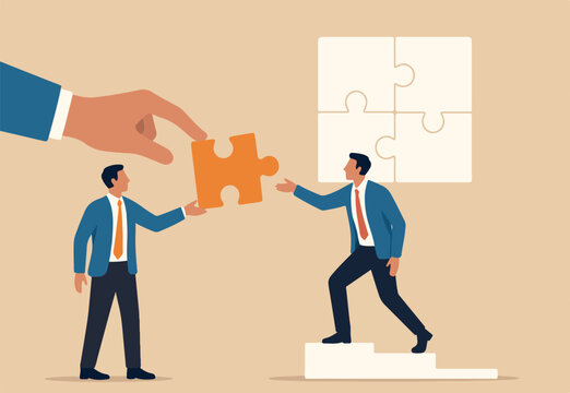 Offer solution to solve problem, consultant or manager advice to team member, finish or complete missing piece to fit the job concept, businessman offer missing jigsaw piece to complete the puzzle