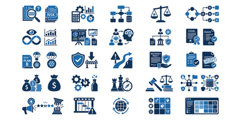 Business risk management and strategy vector icons set for finance and insurance with various symbols and graphics in shades of blue on a white background illustration. © Paryadi