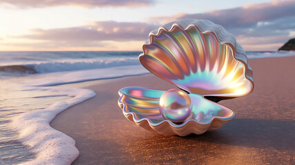 Fototapeta premium A photorealistic image of an iridescent open seashell with a glowing pearl resting on a sandy ocean beach at sunset