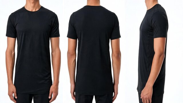 Man modeling black athletic t-shirt from front back and side views for apparel design and e-commerce use