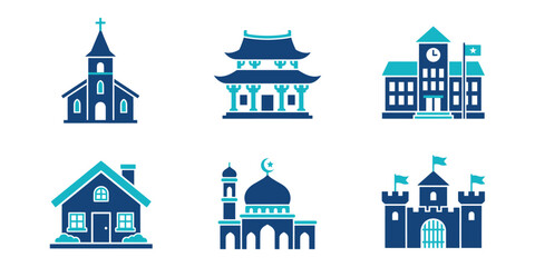 Naklejka premium Various religious and secular buildings in blue vector illustration including church, mosque, temple, school, house, and castle with turquoise accents on white background.