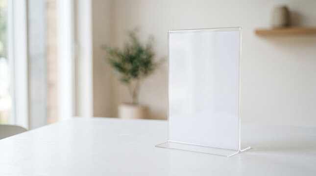 Blank clear acrylic sign holder on a white table.