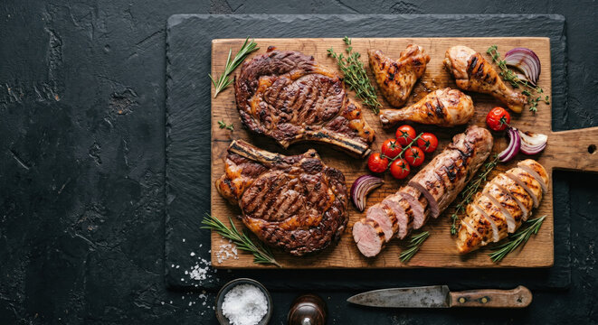 Grilled meats are arranged on a wooden cutting board. The board includes steaks, chicken, sausage, and vegetables. It is set in a kitchen with dark surfaces and a knife nearby