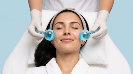 Naklejka premium Woman receiving a cooling facial massage with blue ice globes for skincare in a professional spa setting
