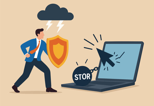 Cyber attack protection, guarding from internet hacker, computer security system or privacy firewall concept, strong businessman holding shield to protect from big mouse pointer to attack his computer