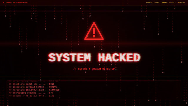 Dramatic cyber attack screen displaying a bright red SYSTEM HACKED warning with a security breach glitch effect, warning triangle, and terminal code text on a dark matrix background