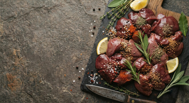 Slices of liver are placed on a cutting board next to herbs and spices. The setting shows a stone surface with some lemon and salt mixed in. The scene is ready for cooking